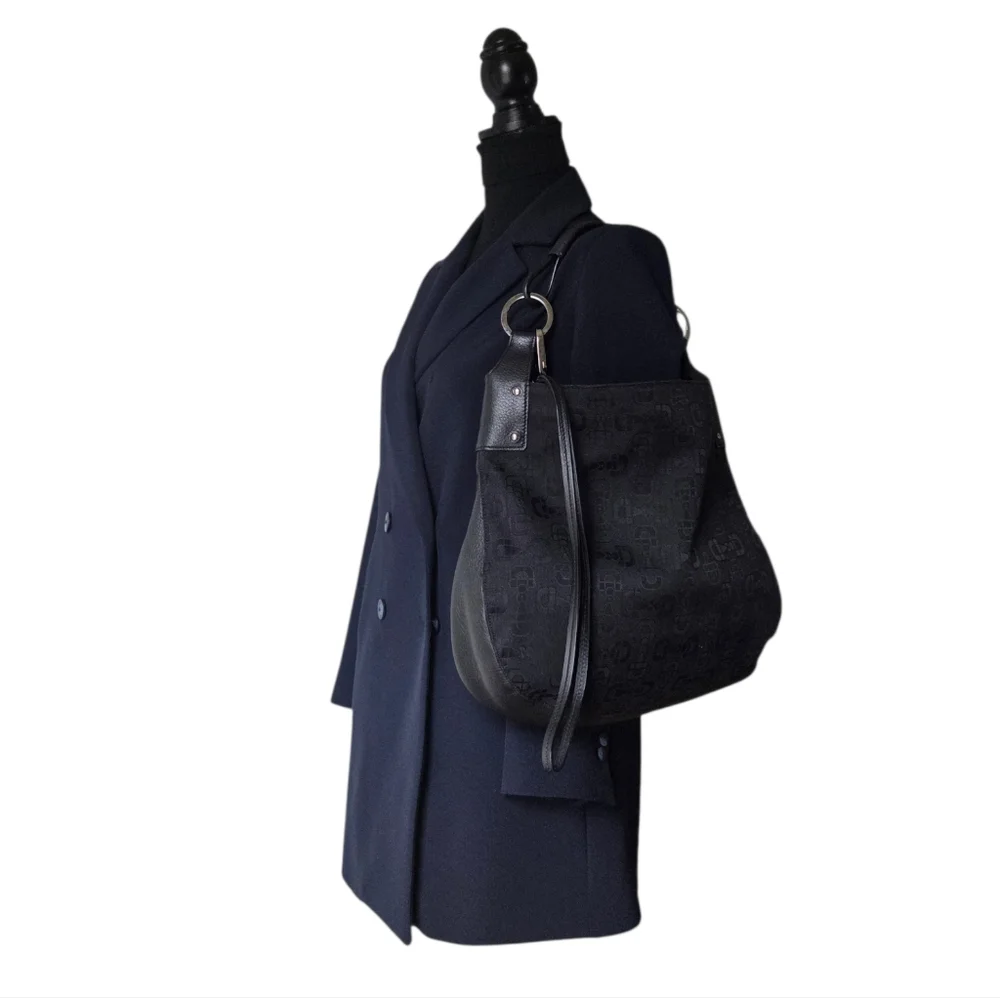 Gucci Horsebit Jacquard Canvas Hobo Shoulder Bag Black Leather - Picture 3 of 17